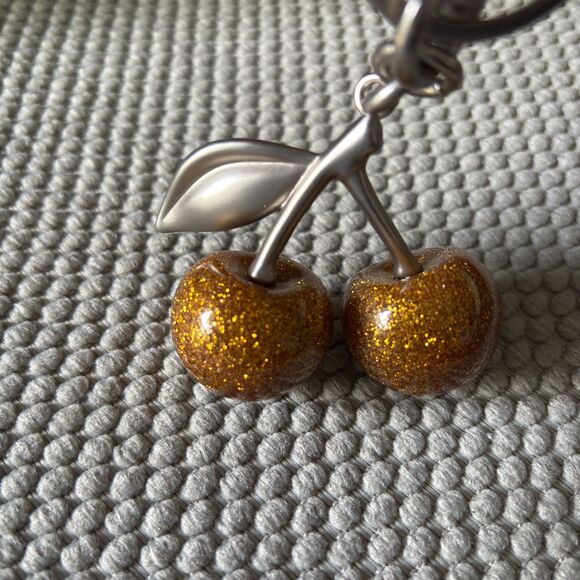 Gold Resin Glitter Cherries Polished Silver Hardware Purse / Bag/ Keychain Charm - Picture 4 of 6